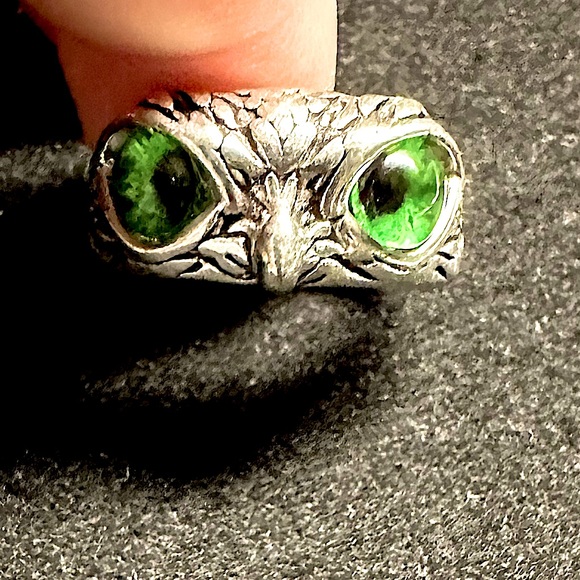Antique Silver Green Eye Owl ring adjustable nice 925S stamped hallmarked - Picture 2 of 6